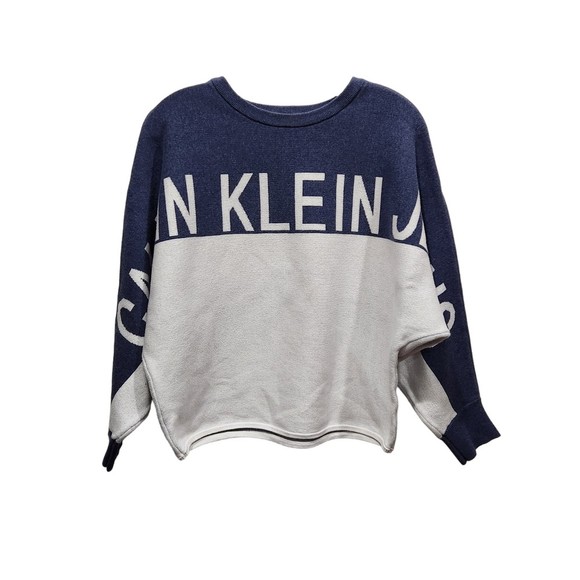 Calvin Klein Jeans Sweaters - CALVIN Klein Spellout Heathered Blue & White Colorblock Dolman Sleeve Sweater